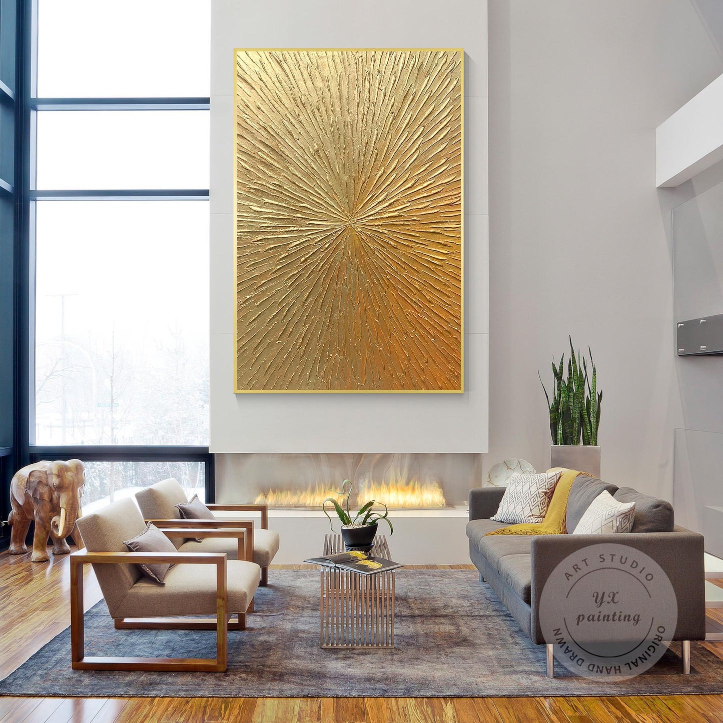Golden Sunburst Textured Wall Art – Luxury Gold Abstract Painting on Canvas, Rad #5