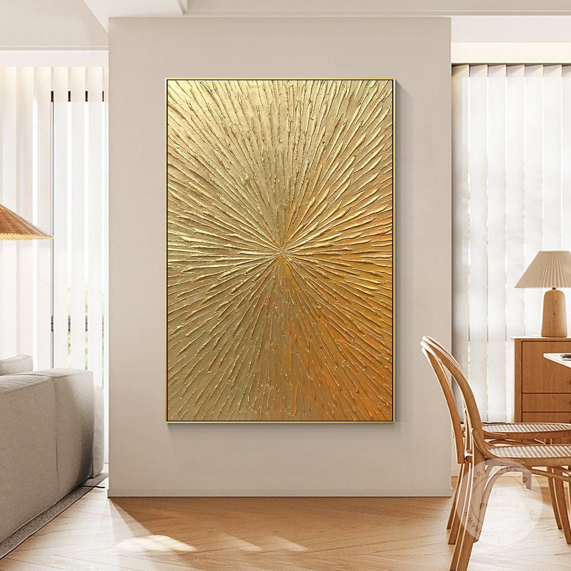 Golden Sunburst Textured Wall Art – Luxury Gold Abstract Painting on Canvas, Rad #1