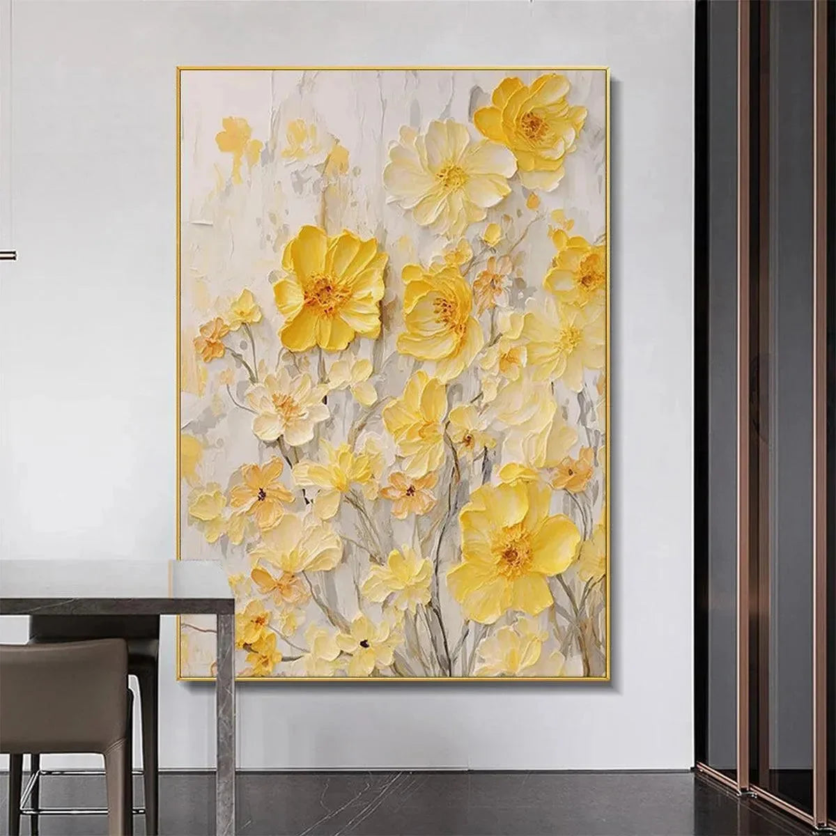 GOLDEN SUNFLOWERS: Textured Impasto Floral Painting in Yellow | Abstract closeup, raised brushwork detail
