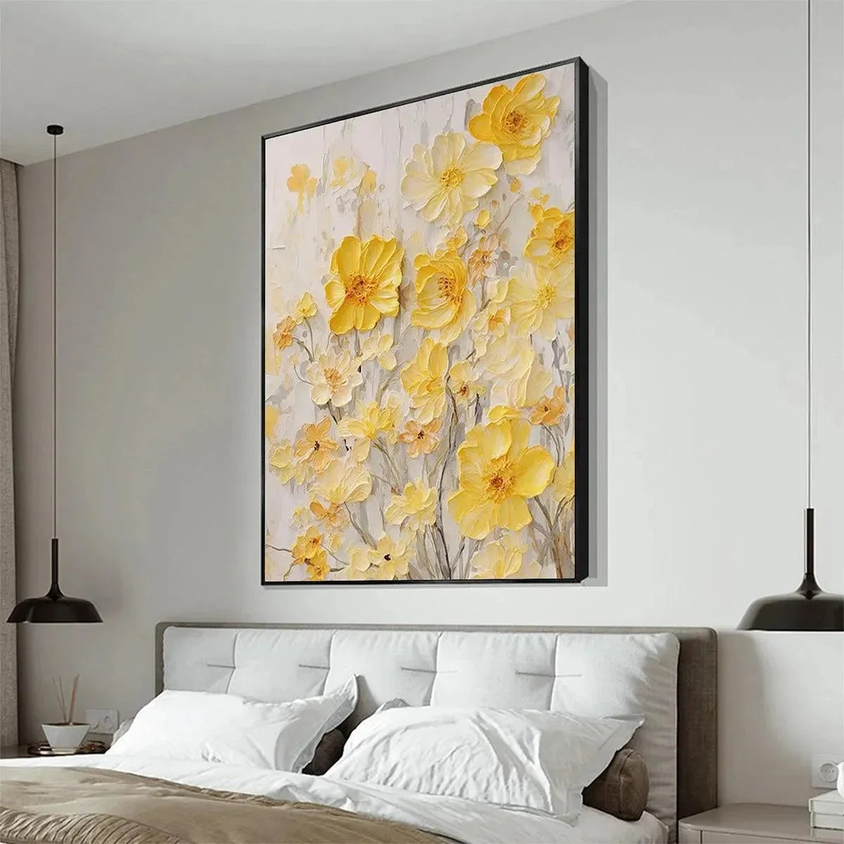 GOLDEN SUNFLOWERS: Textured Impasto Floral Painting in Yellow | gold frame stretched on neutral wall