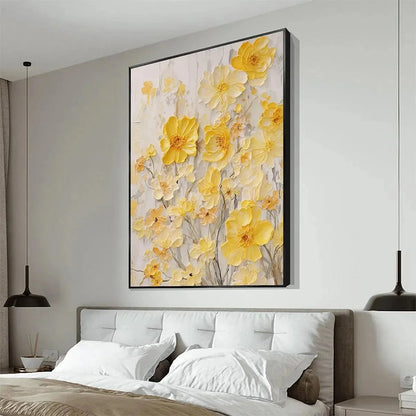 GOLDEN SUNFLOWERS: Textured Impasto Floral Painting in Yellow | gold frame stretched on neutral wall