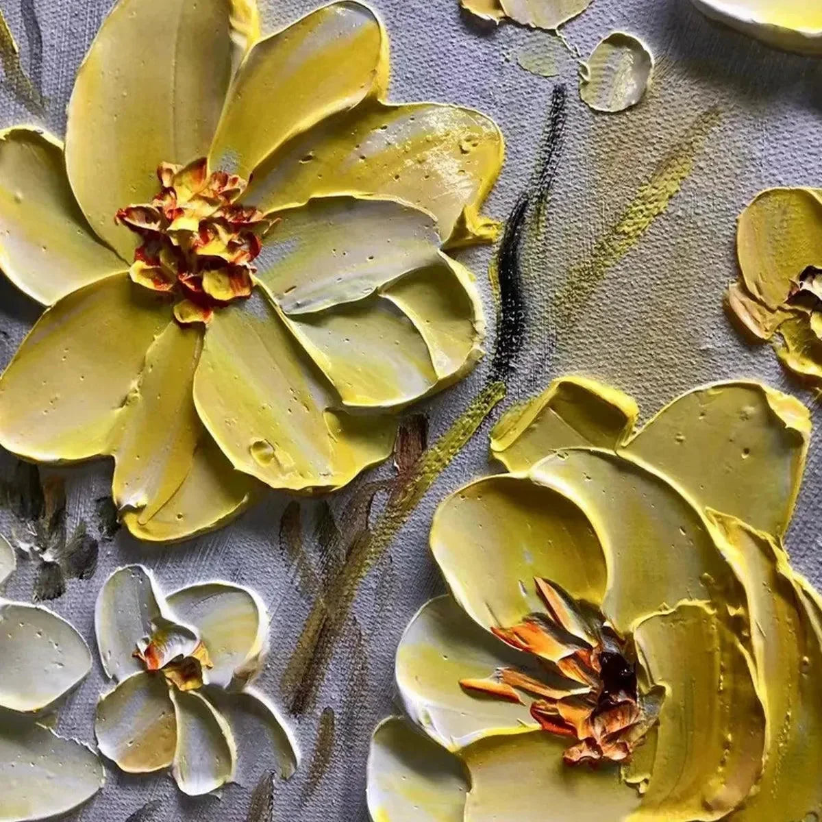 GOLDEN SUNFLOWERS: Textured Impasto Floral Painting in Yellow | black frame version on white wall