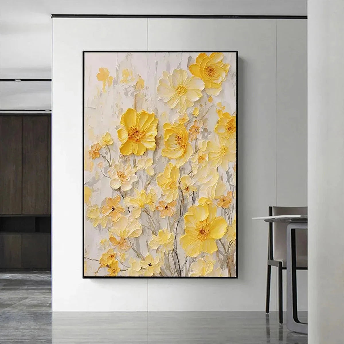 GOLDEN SUNFLOWERS: Textured Impasto Floral Painting in Yellow | Abstract mood, soft natural light studio shot