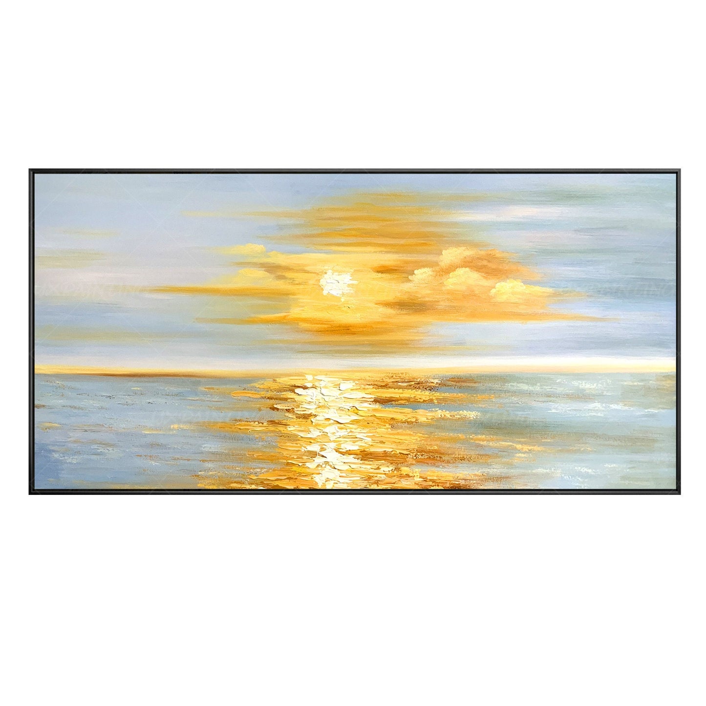 Golden Sunrise Wall Art, Original Seascape Long Horizontal Wall Art Framed, Text #11