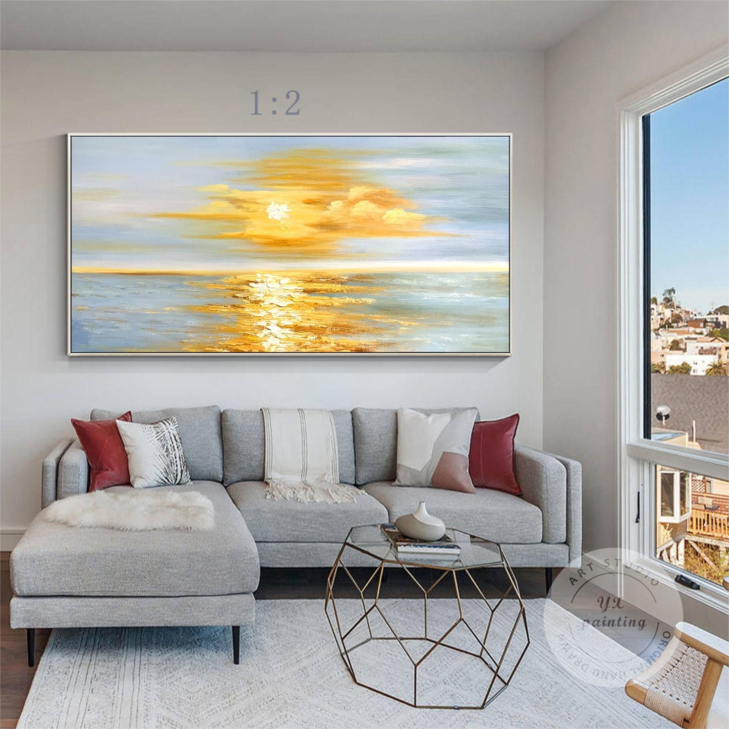 Golden Sunrise Wall Art, Original Seascape Long Horizontal Wall Art Framed, Text #4