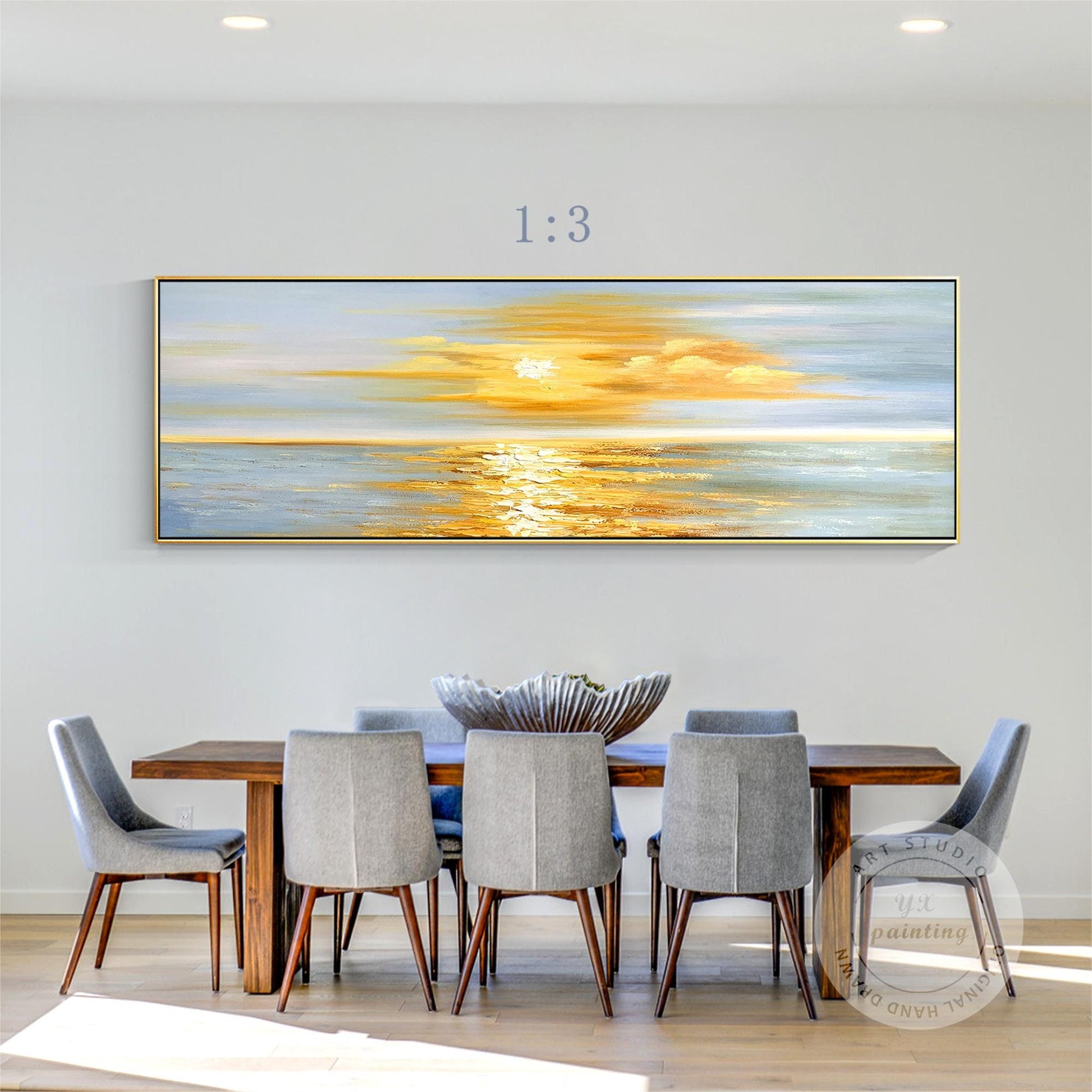 Golden Sunrise Wall Art, Original Seascape Long Horizontal Wall Art Framed, Text #5