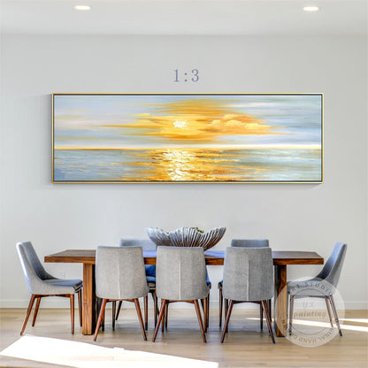 Golden Sunrise Wall Art, Original Seascape Long Horizontal Wall Art Framed, Text #5