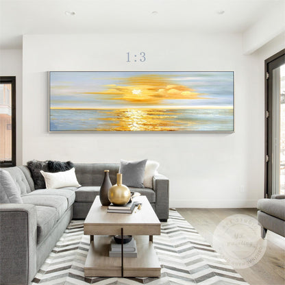 Golden Sunrise Wall Art, Original Seascape Long Horizontal Wall Art Framed, Text #6
