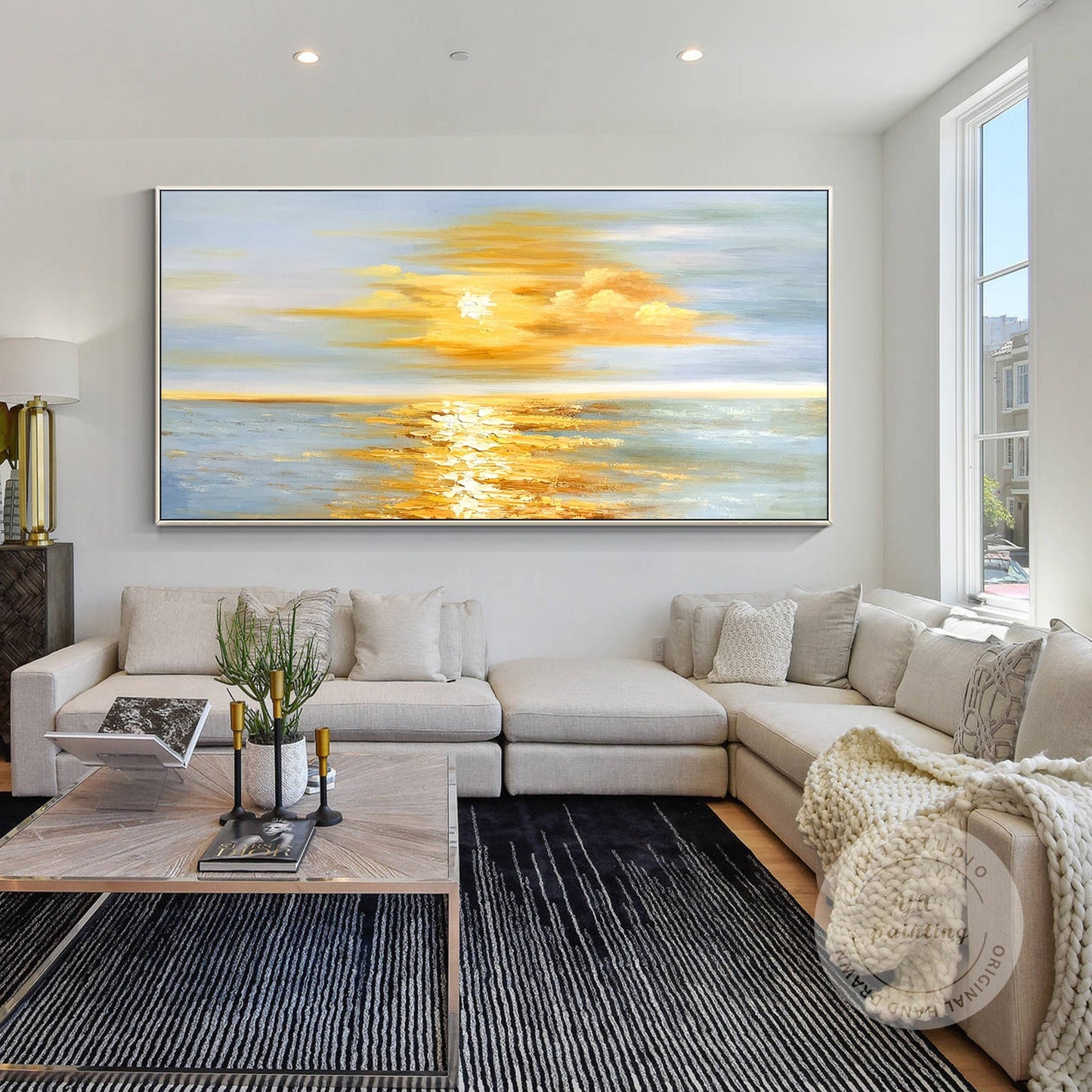 Golden Sunrise Wall Art, Original Seascape Long Horizontal Wall Art Framed, Text #1