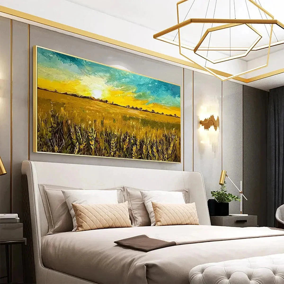 GOLDEN SUNSET FIELD: Landscape Painting of a Wheat Field at Sunset | gold frame stretched on neutral wall