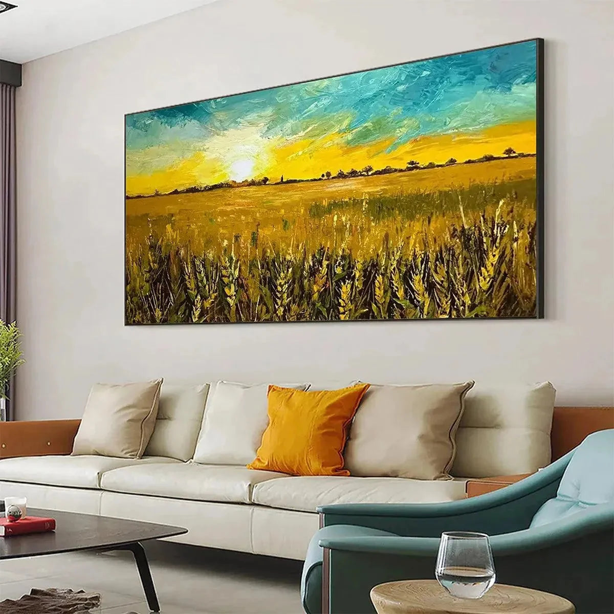 GOLDEN SUNSET FIELD: Landscape Painting of a Wheat Field at Sunset | rolled canvas, ready for custom framing