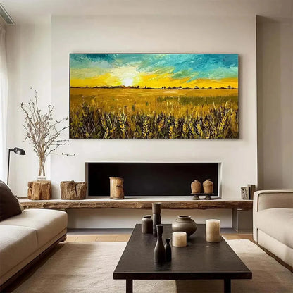 GOLDEN SUNSET FIELD: Landscape Painting of a Wheat Field at Sunset | black frame version on white wall