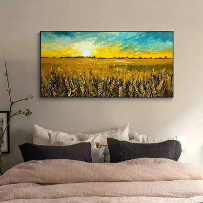 GOLDEN SUNSET FIELD: Landscape Painting of a Wheat Field at Sunset | yellow palette, original oil on stretched canvas art