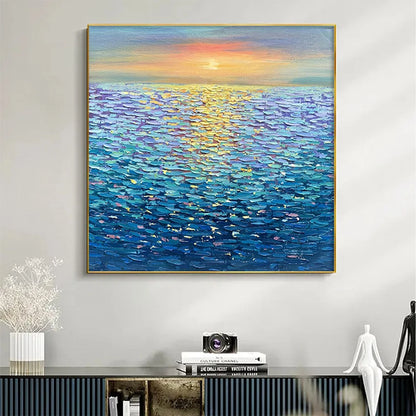 GOLDEN SUNSET OVER WATER: Square Textured Seascape Painting, Palette Knife Ocean Sunset, Blue, Living Room, Bedroom | Abstract closeup, raised brushwork detail