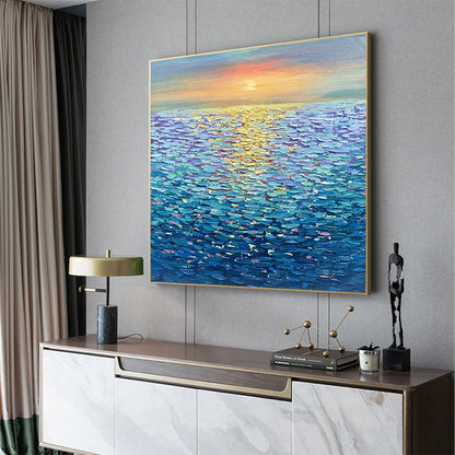 GOLDEN SUNSET OVER WATER: Square Textured Seascape Painting, Palette Knife Ocean Sunset, Blue, Living Room, Bedroom | gold frame stretched on neutral wall