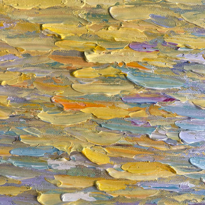 GOLDEN SUNSET OVER WATER: Square Textured Seascape Painting, Palette Knife Ocean Sunset, Blue, Living Room, Bedroom | rolled canvas, ready for custom framing