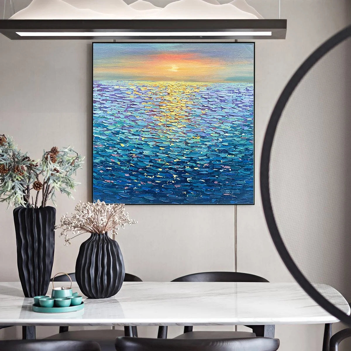 GOLDEN SUNSET OVER WATER: Square Textured Seascape Painting, Palette Knife Ocean Sunset, Blue, Living Room, Bedroom | black frame version on white wall