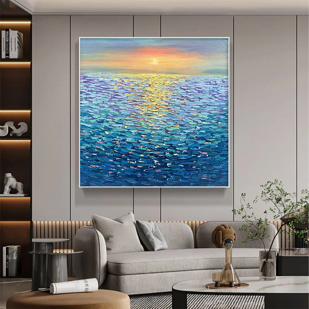 GOLDEN SUNSET OVER WATER: Square Textured Seascape Painting, Palette Knife Ocean Sunset, Blue, Living Room, Bedroom | Abstract mood, soft natural light studio shot