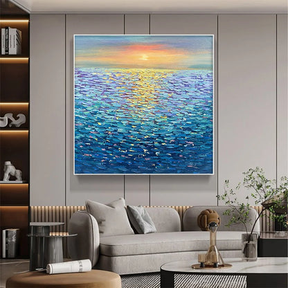 GOLDEN SUNSET OVER WATER: Square Textured Seascape Painting, Palette Knife Ocean Sunset, Blue, Living Room, Bedroom | Abstract mood, soft natural light studio shot