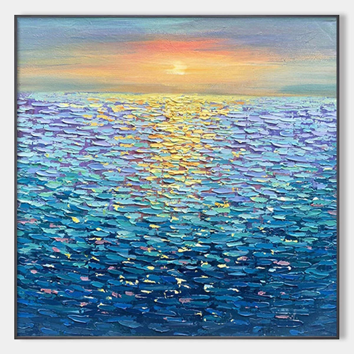 GOLDEN SUNSET OVER WATER: Square Textured Seascape Painting, Palette Knife Ocean Sunset, Blue, Living Room, Bedroom | hanging in living room, Abstract wall art