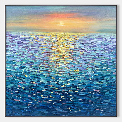 GOLDEN SUNSET OVER WATER: Square Textured Seascape Painting, Palette Knife Ocean Sunset, Blue, Living Room, Bedroom | hanging in living room, Abstract wall art