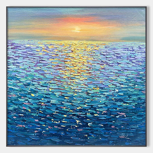 GOLDEN SUNSET OVER WATER: Square Textured Seascape Painting, Palette Knife Ocean Sunset, Blue, Living Room, Bedroom | hanging in living room, Abstract wall art