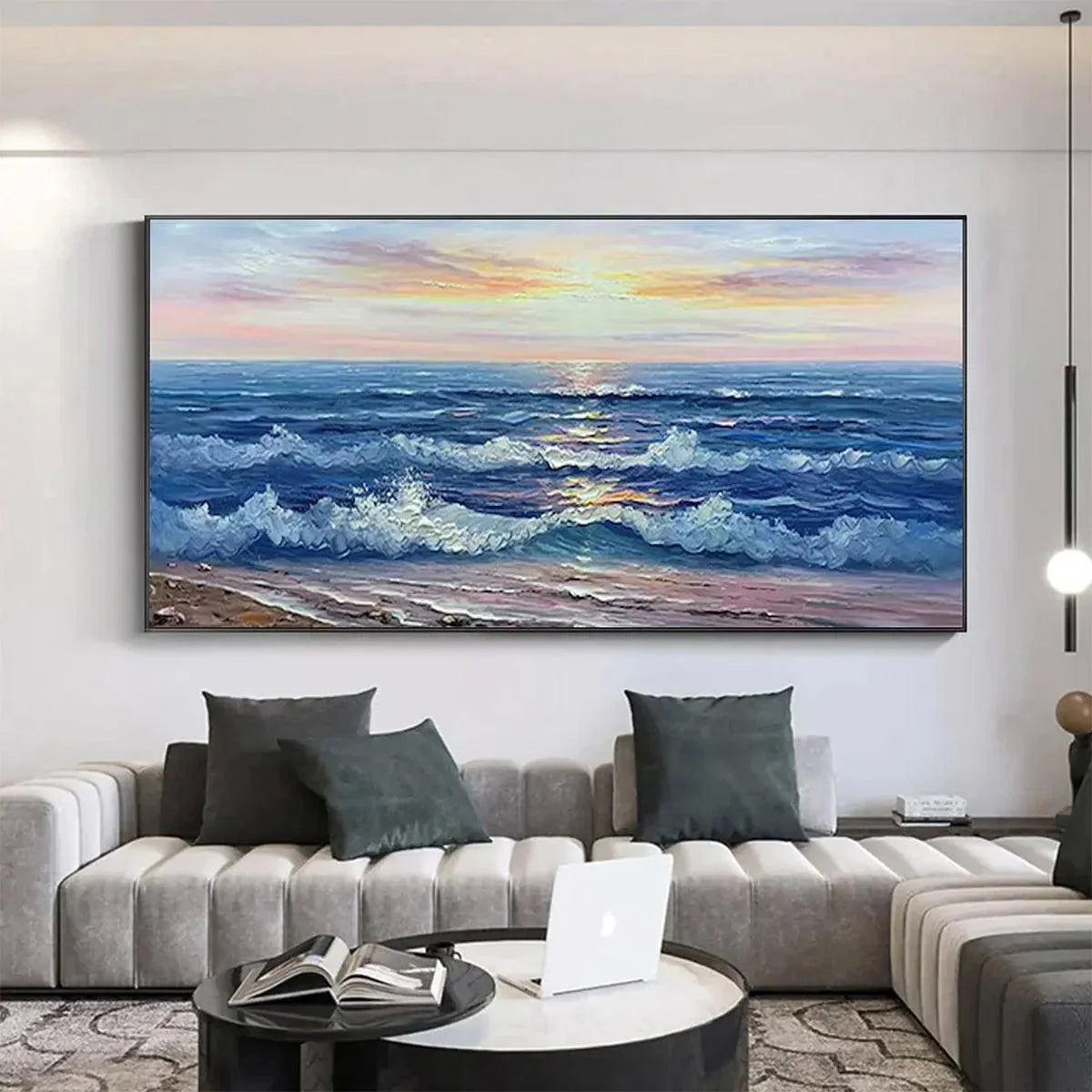 GOLDEN SUNSET SERENADE: Panoramic Ocean Sunset Painting | Abstract closeup, raised brushwork detail