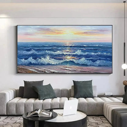 GOLDEN SUNSET SERENADE: Panoramic Ocean Sunset Painting | Abstract closeup, raised brushwork detail