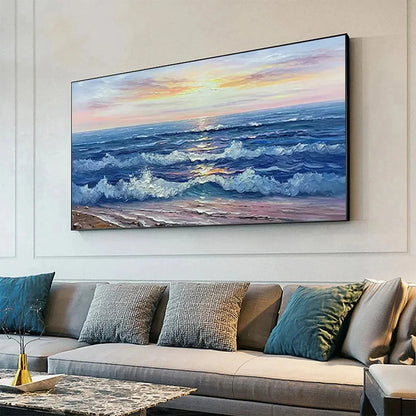 GOLDEN SUNSET SERENADE: Panoramic Ocean Sunset Painting | gold frame stretched on neutral wall