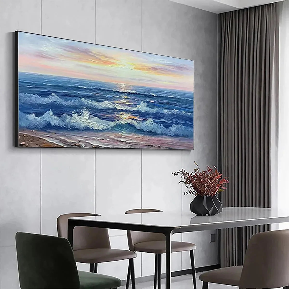 GOLDEN SUNSET SERENADE: Panoramic Ocean Sunset Painting | black frame version on white wall
