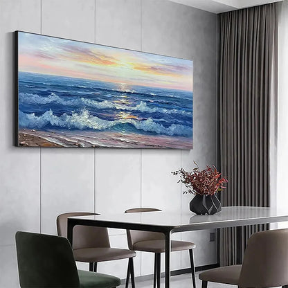 GOLDEN SUNSET SERENADE: Panoramic Ocean Sunset Painting | black frame version on white wall