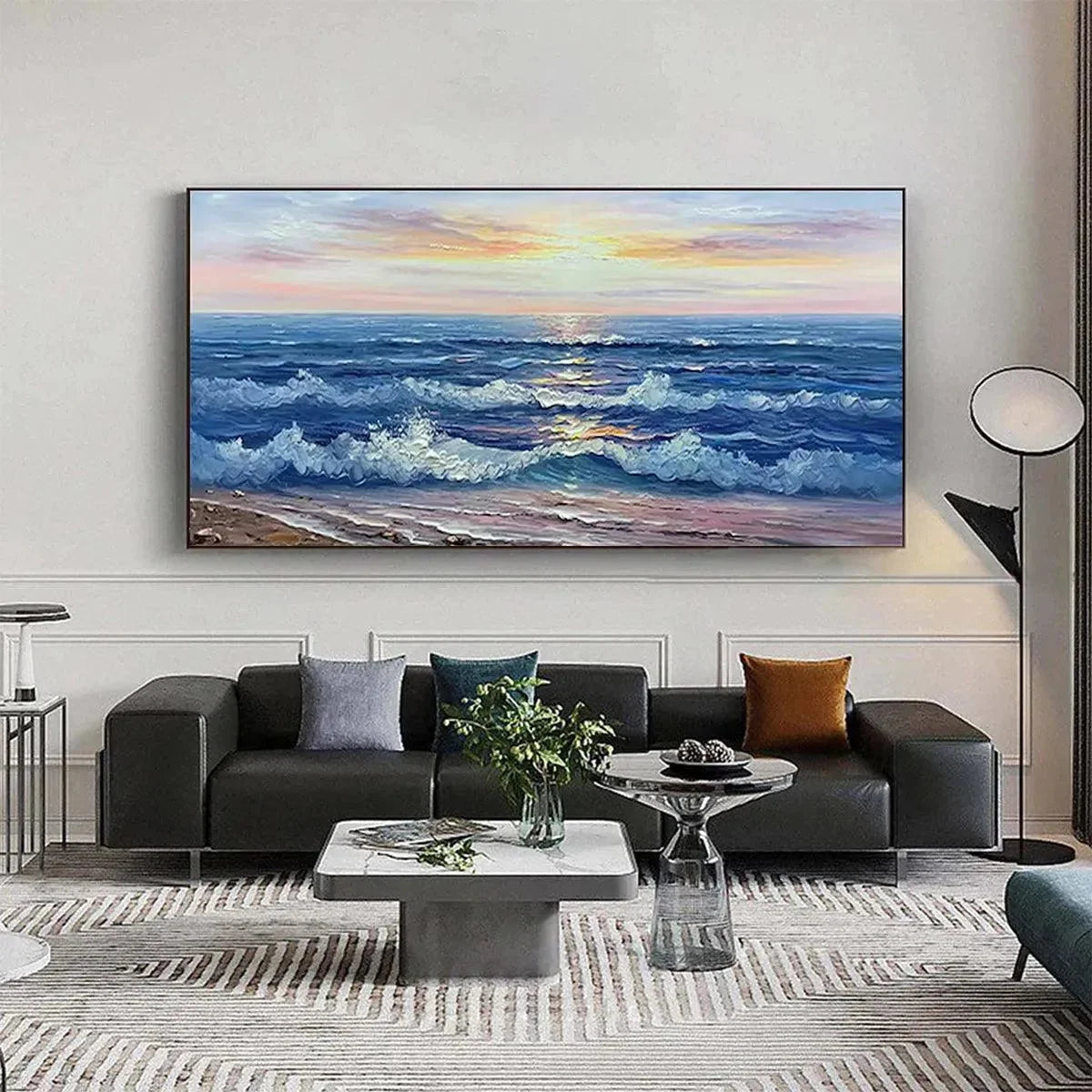 GOLDEN SUNSET SERENADE: Panoramic Ocean Sunset Painting | Abstract mood, soft natural light studio shot