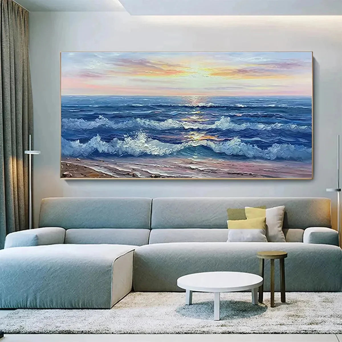 GOLDEN SUNSET SERENADE: Panoramic Ocean Sunset Painting | yellow palette, original oil on stretched canvas art