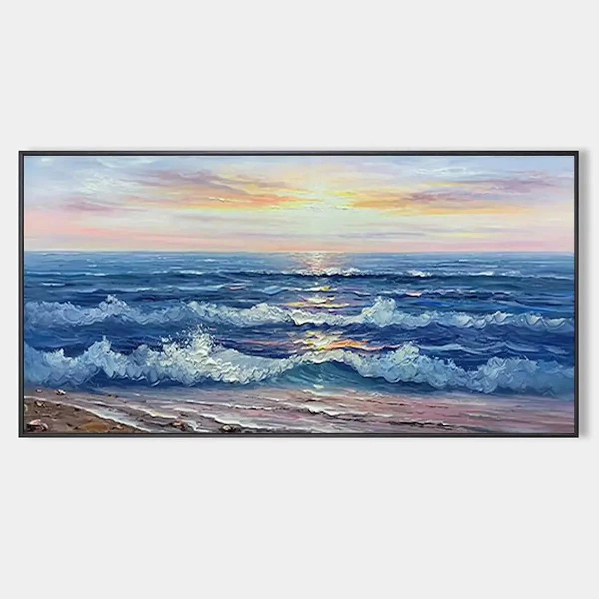 GOLDEN SUNSET SERENADE: Panoramic Ocean Sunset Painting | hanging in living room, Abstract wall art