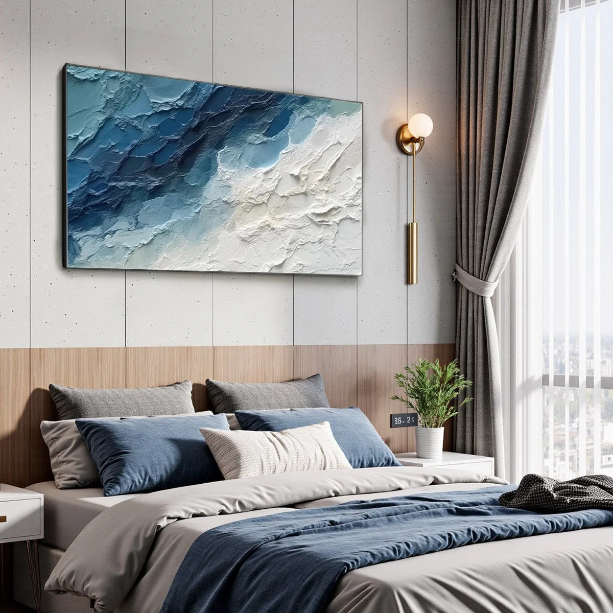 GOLDEN SURGE: Textured Impasto Ocean Sunrise Wave Oil Painting | gold frame stretched on neutral wall