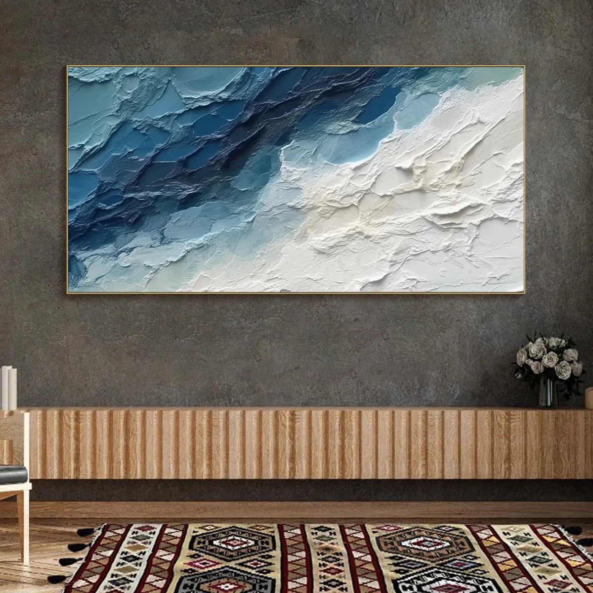 GOLDEN SURGE: Textured Impasto Ocean Sunrise Wave Oil Painting | black frame version on white wall