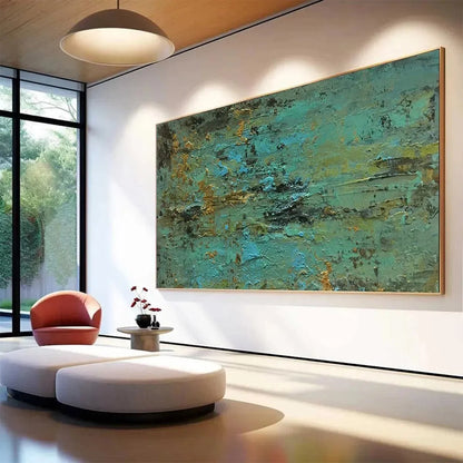 GOLDEN TIDE: Textured Abstract Painting in Teal and Gold | gold frame stretched on neutral wall