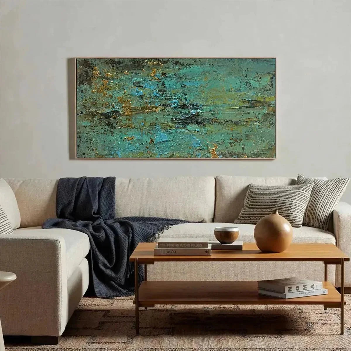 GOLDEN TIDE: Textured Abstract Painting in Teal and Gold | black frame version on white wall