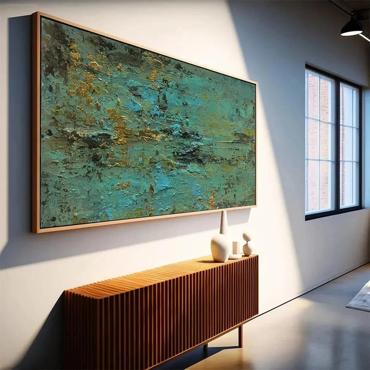 GOLDEN TIDE: Textured Abstract Painting in Teal and Gold | Abstract mood, soft natural light studio shot