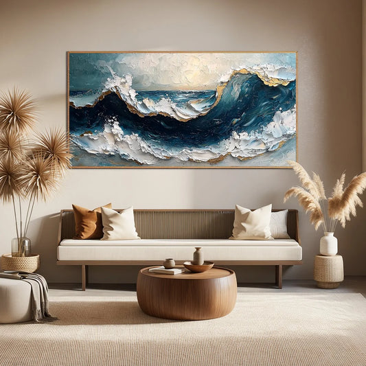 GOLDEN TIDE: Textured Impasto Ocean Wave Oil Painting