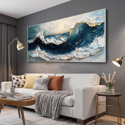 GOLDEN TIDE: Textured Impasto Ocean Wave Oil Painting | gold frame stretched on neutral wall