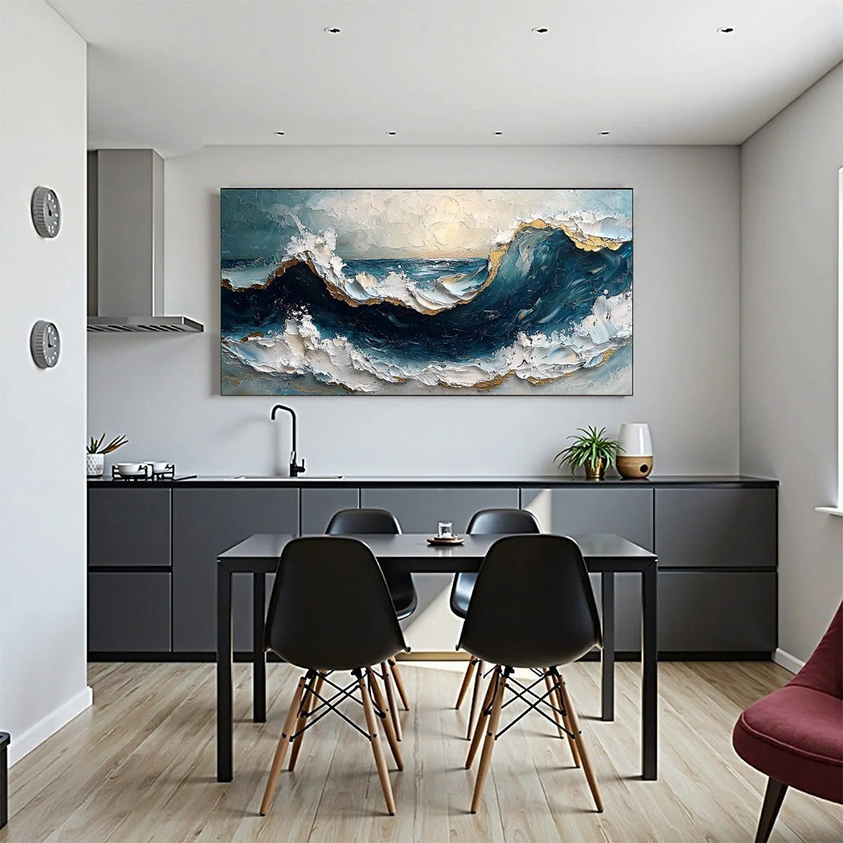 GOLDEN TIDE: Textured Impasto Ocean Wave Oil Painting | black frame version on white wall