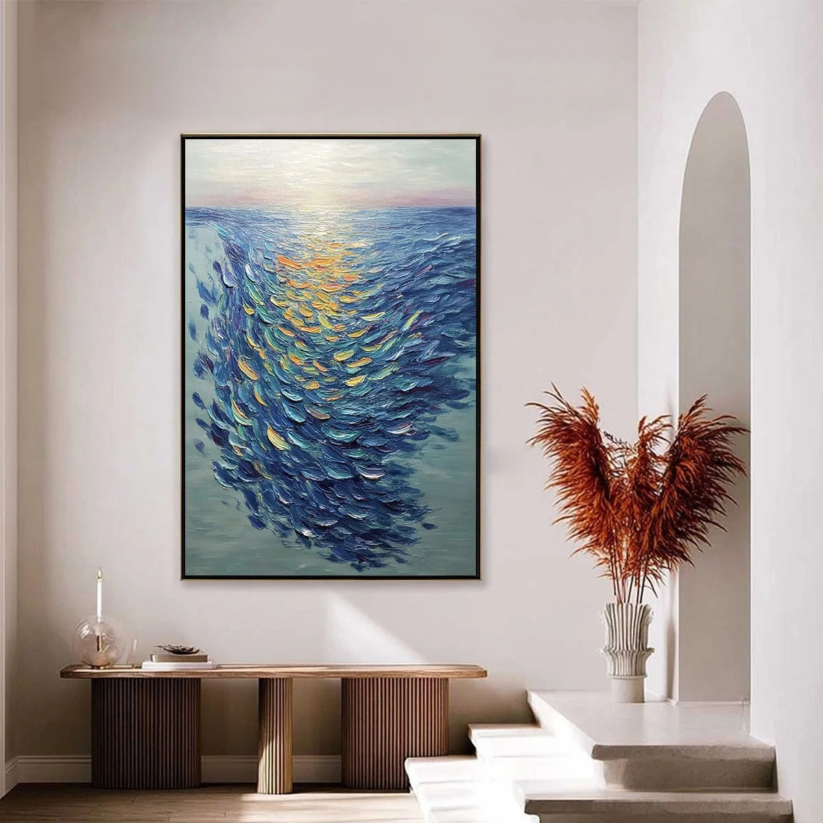 GOLDEN TIDE: Textured Impasto Painting of a School of Fish | gold frame stretched on neutral wall