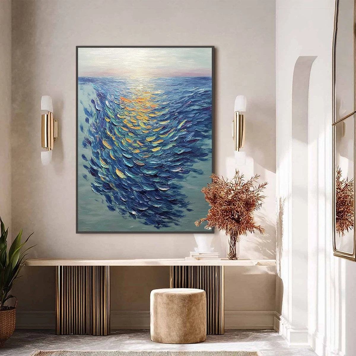 GOLDEN TIDE: Textured Impasto Painting of a School of Fish | black frame version on white wall