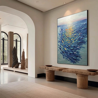 GOLDEN TIDE: Textured Impasto Painting of a School of Fish | Abstract mood, soft natural light studio shot