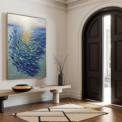 GOLDEN TIDE: Textured Impasto Painting of a School of Fish | yellow palette, original oil on stretched canvas art