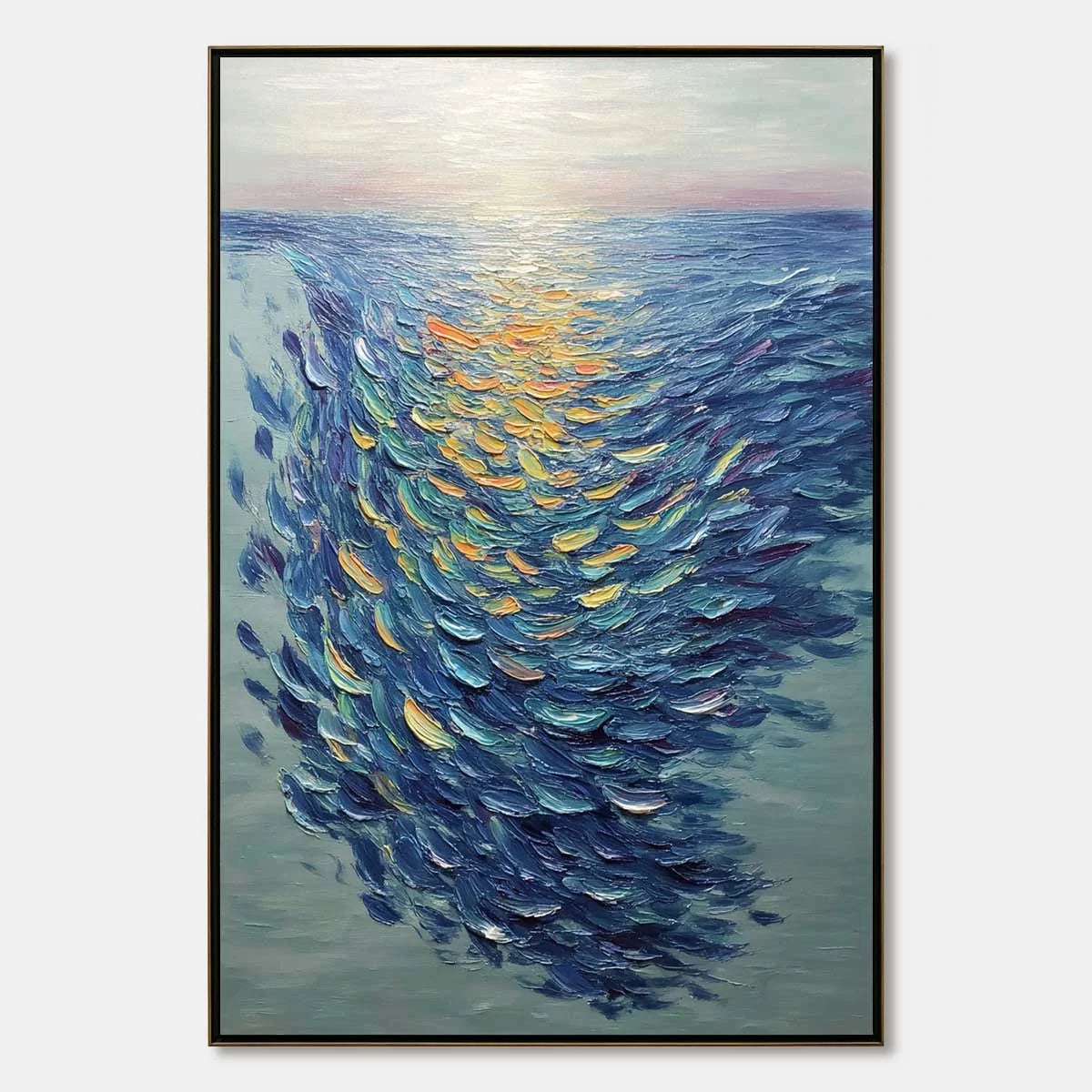 GOLDEN TIDE: Textured Impasto Painting of a School of Fish | hanging in living room, Abstract wall art