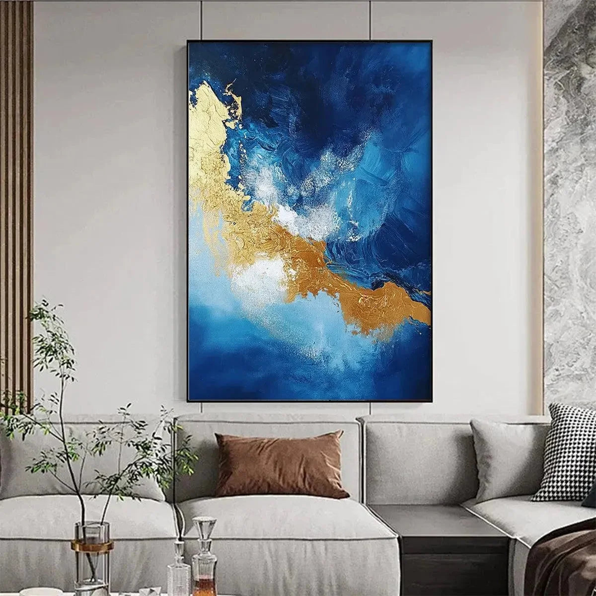 GOLDEN TIDE: Vertical Abstract Painting, Blue, Gold | Abstract closeup, raised brushwork detail