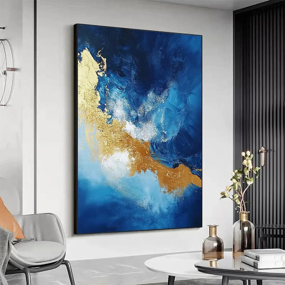 GOLDEN TIDE: Vertical Abstract Painting, Blue, Gold | rectangular format, hand-painted canvas edge