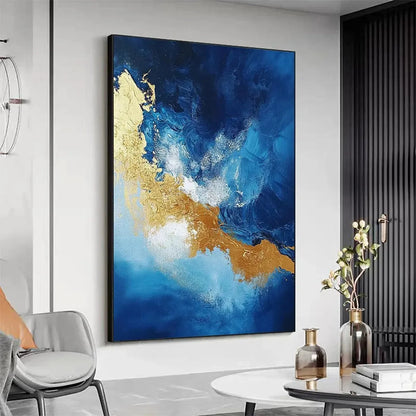 GOLDEN TIDE: Vertical Abstract Painting, Blue, Gold | rectangular format, hand-painted canvas edge